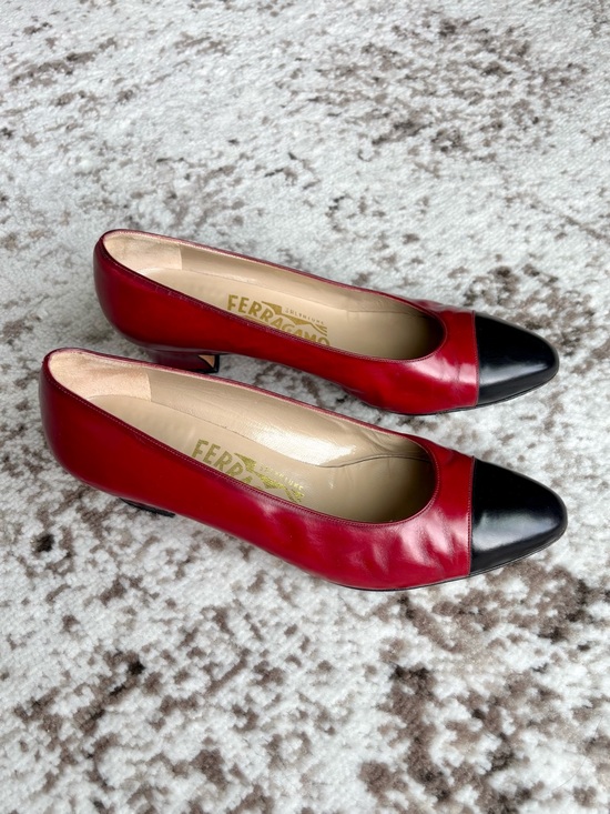 Salvatore Ferragamo Shoes - Vintage Salvatore Ferragamo Red Leather Black Cap Toe Pumps Heels (Size 5.5)